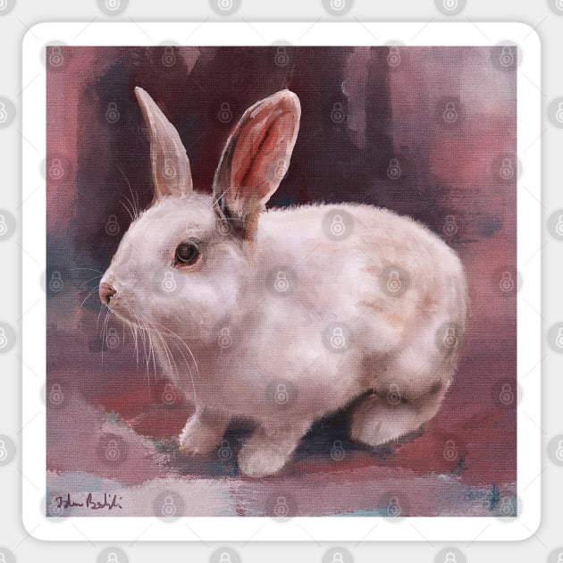 Painting of a Cute Fluffy White Rabbit on a Pink Shaded Background Sticker by ibadishi